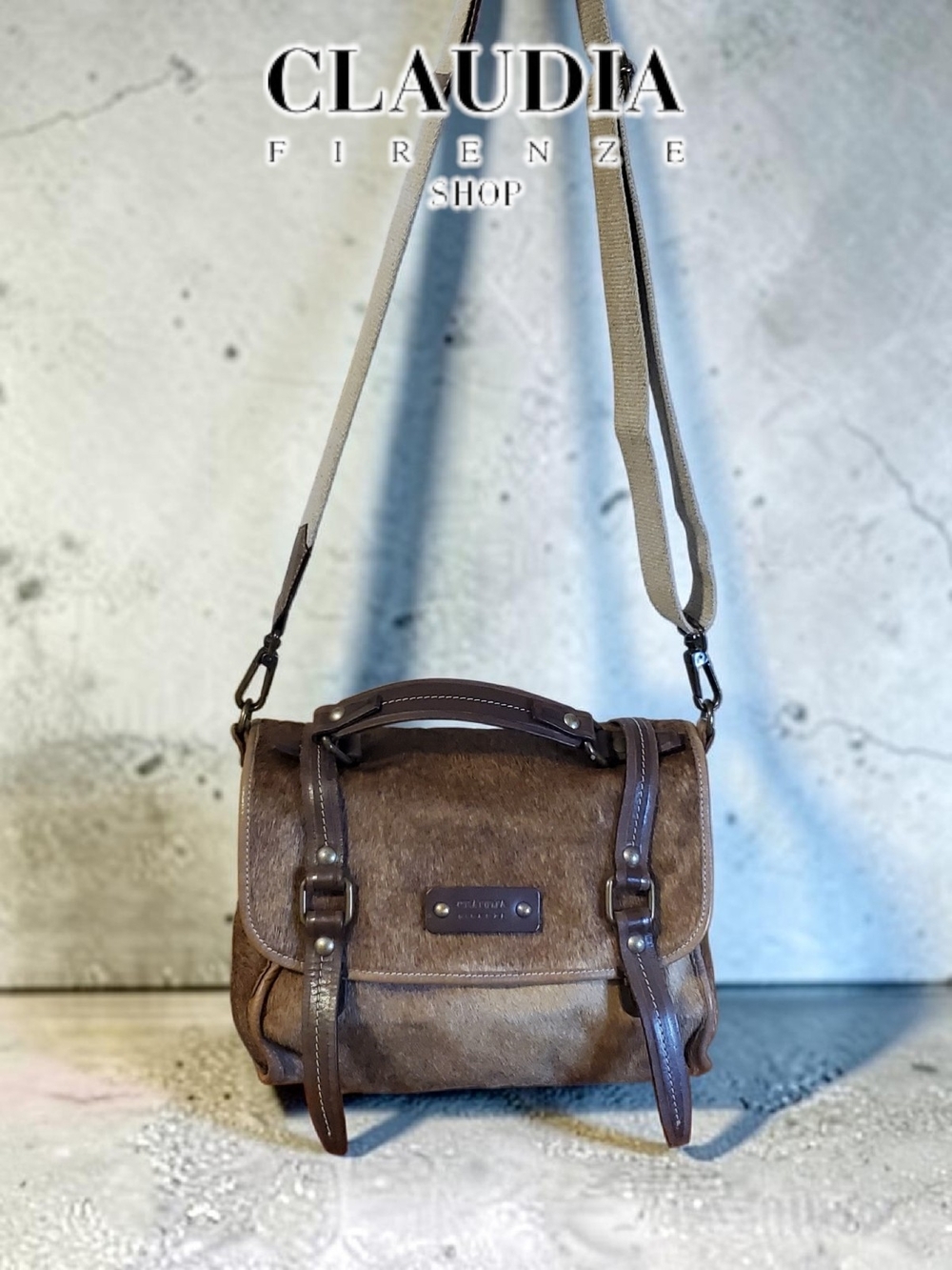 Claudia Firenze Genuine Hair-On-Hide Leather Messenger Crossbody Bag Made Italy